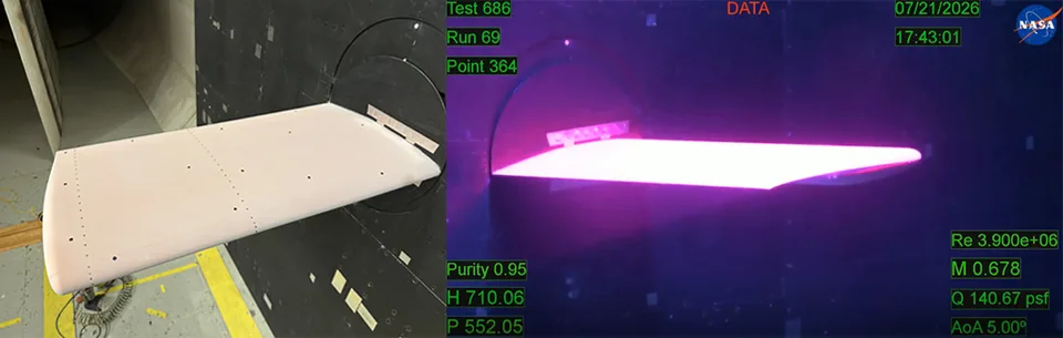Side-by-side NASA wind-tunnel views of the Benchmark Supercritical Wing, under ordinary lighting at left and glowing pink-purple during pressure-sensitive paint testing at right.